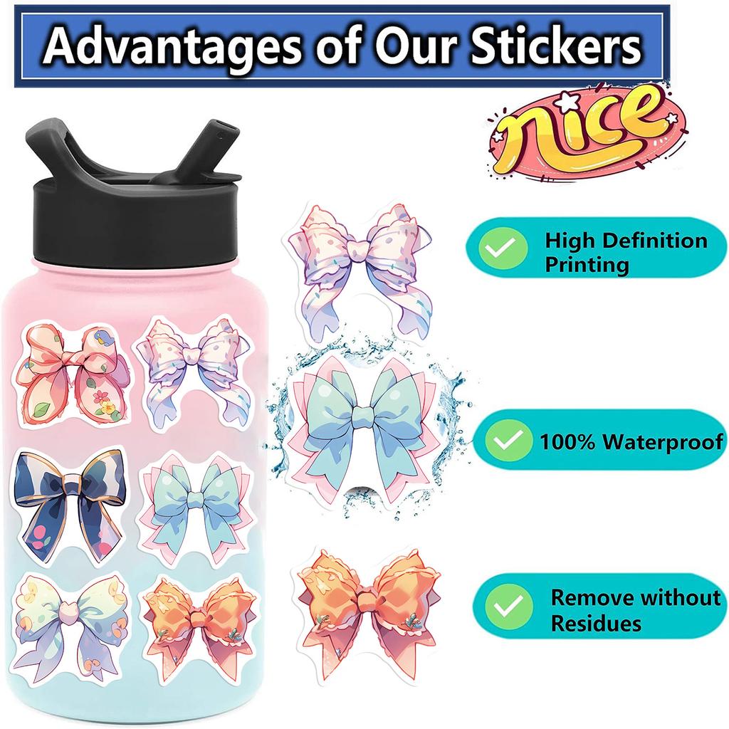 50 Cartoon INS Style Bow Stickers Guitar Notebook Suitcase DIY Waterproof Stickers