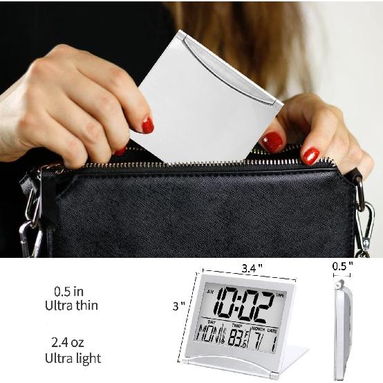 Betus Digital Travel Alarm Clock - Foldable Calendar Temperature Timer LCD Clock with Snooze Mode - Large Number Display, Battery Operated - Compact