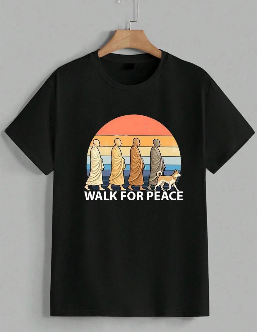 Walk For Peace Buddhist Monks and Aloka Dog T-Shirt Spiritual Zen Art Unisex XS