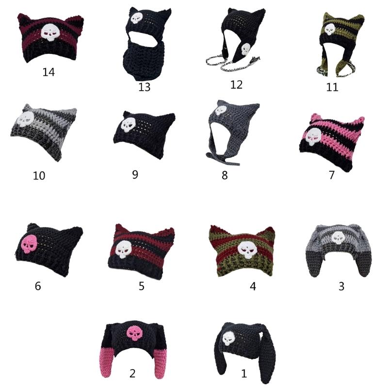 Y2K Anime Ear Cap Windproof Hat Female Beanie Headwear Handcrochet Pullover Hat