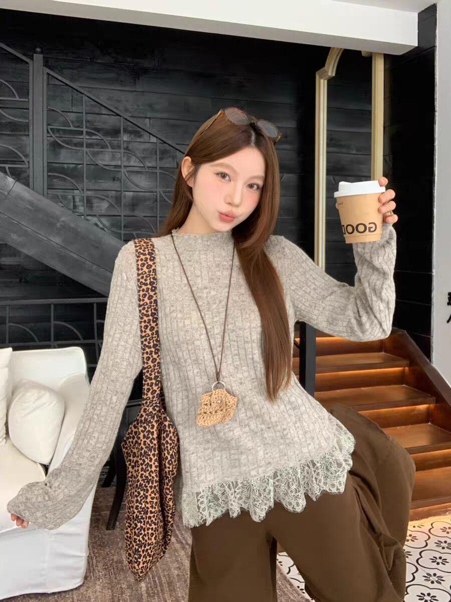 

Korean lace hem long-sleeved T-shirt women s autumn and winter semi-turtleneck slim-fitting inner bottoming shirt top s (recommended within 50kg )
