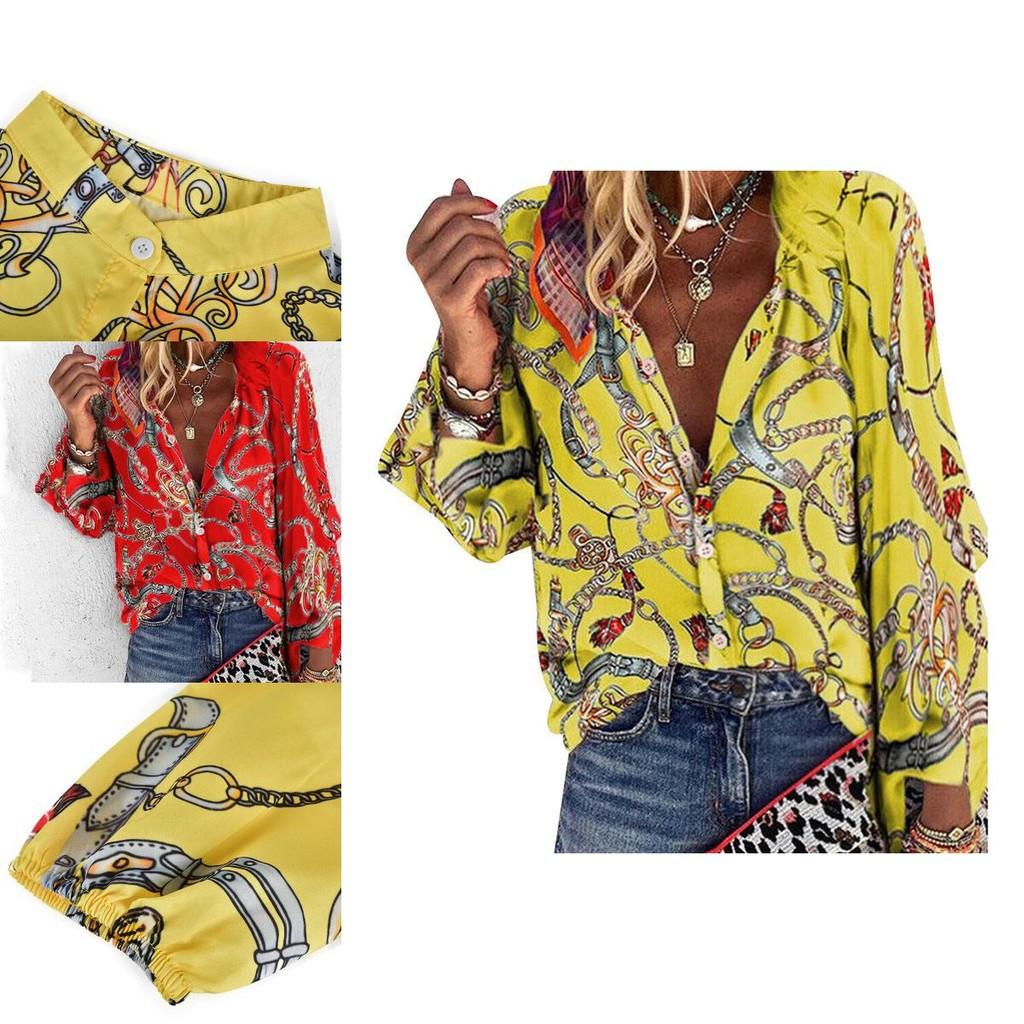 Elegante Blusa Casual da Donna con Stampa a Catena a Maniche Lunghe per l'Ufficio