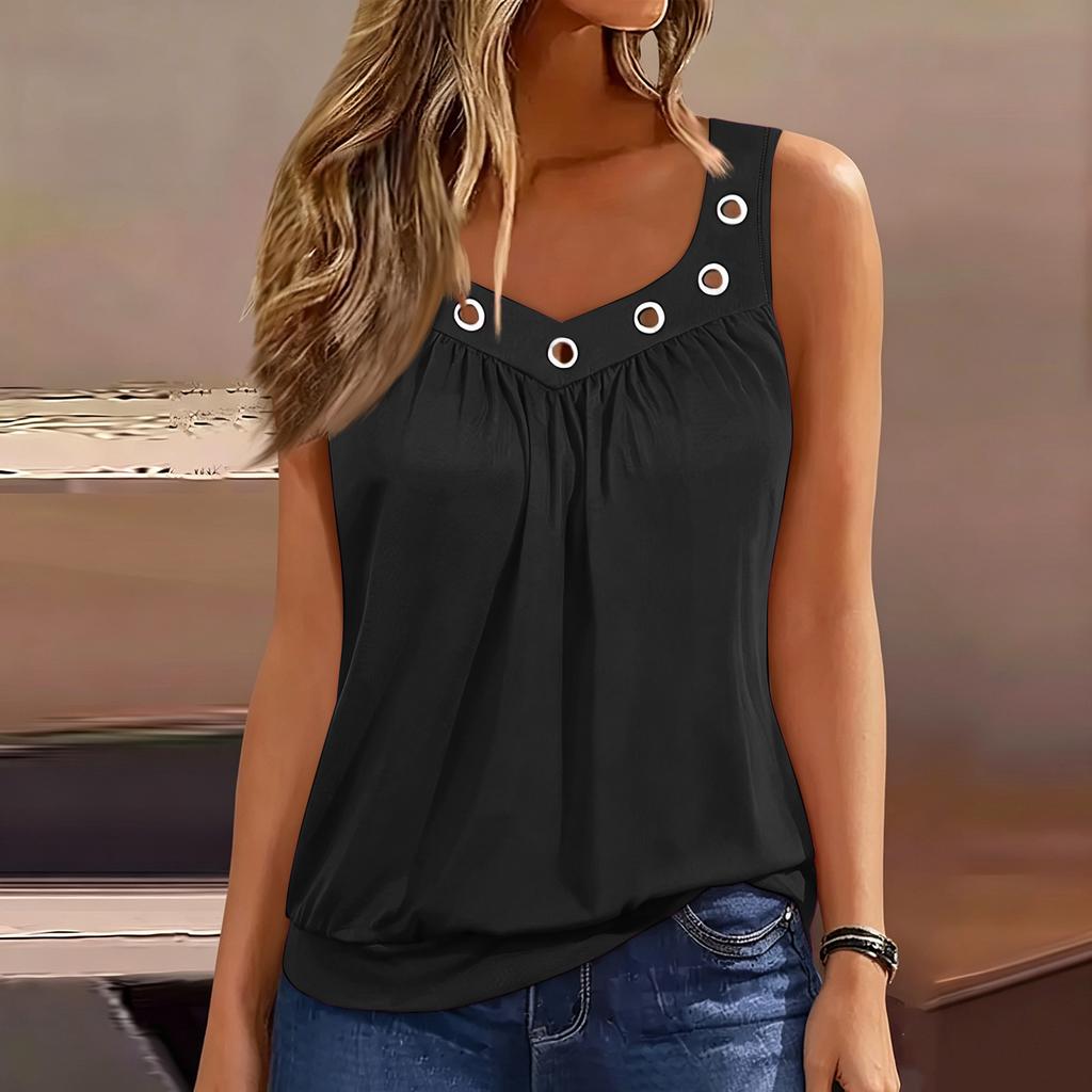 Sleeveless Women's Casual Top with Eyelet Detail V Neck Summer Vacation Tank Blouse Lightweight Relaxed Fit
