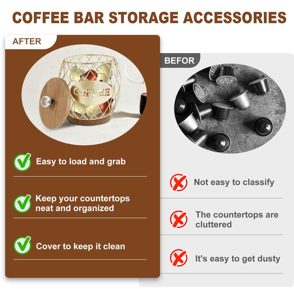 Coffee Pod Basket Holder Metal Coffee Pod Organizer with Dust Cover Hollow Design Large Capacity Kitchen Storage Basket