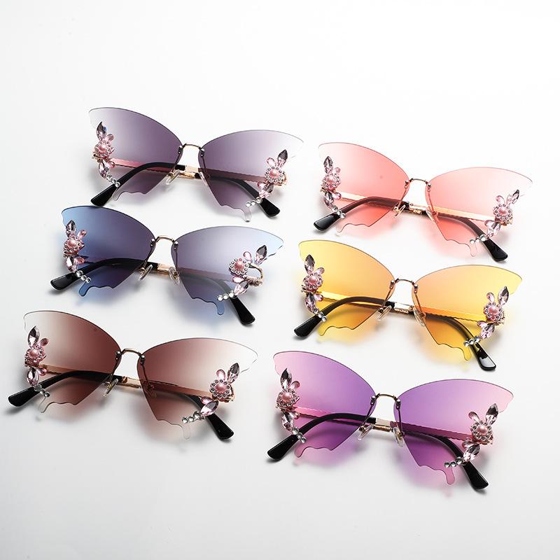 The Dance Party Butterfly Shape Diamond-inlaid Frameless Sunglasses Women Exaggerated Sunglasses Women Round Face Big Face