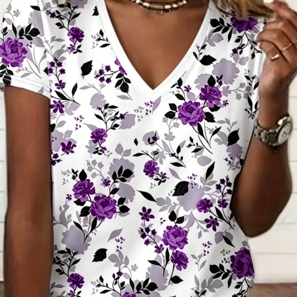 Sommer Damen 3D-Druck V-Ausschnitt T-Shirt Mode Vielseitig Atmungsaktiv Trend Lässig