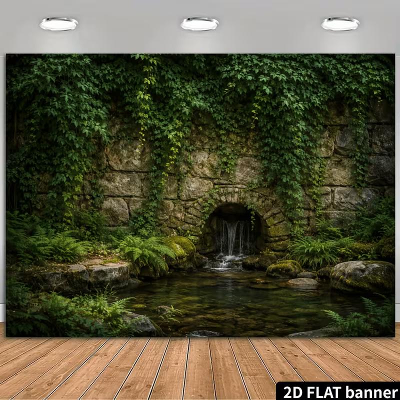 2D Vintage Garden Banner with Mossy Rocks and Ferns Photo Booth Background Cloth 47.2x31.5inch/120*80cm
