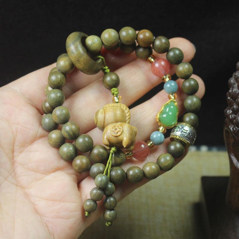 Green Sandalwood 8mm Double Wrap Bracelet Horse & Gourd Pendant Women’s Wooden Gift Jewelry