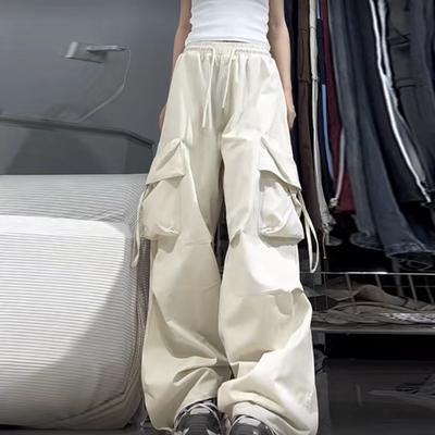 Hip Hop Style Cargo Pants Women Big Pockets Casual Trousers Loose Wide Leg High Waist Solid Color Pants Streetwear