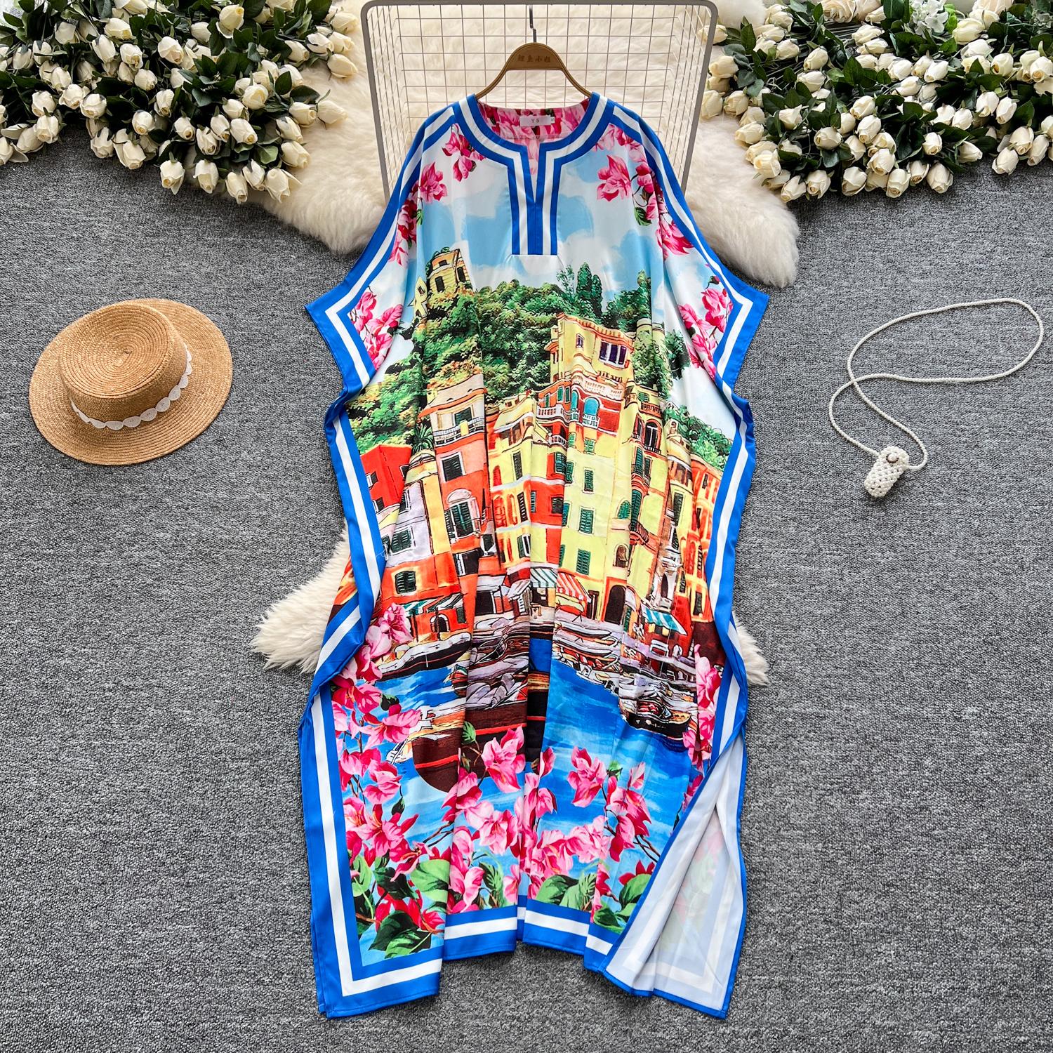 

Летние женские дизайнерские винтажные принты на подиуме платья с рукавами «летучая мышь» свободного покроя, длинные макси-платья для отдыха на пляже S