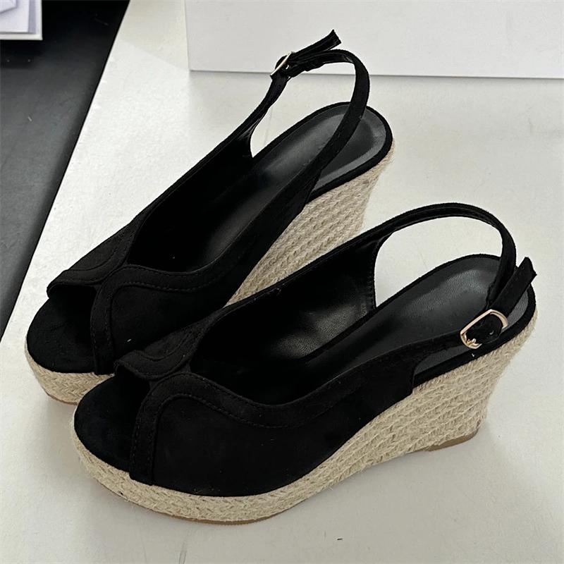 

Fashion Eilyken 2025 New Summer Rattan Weave Peep Toe Women Sandals Fashion Buckle Strap Platform Wedges Heels Shoes 39 чёрный