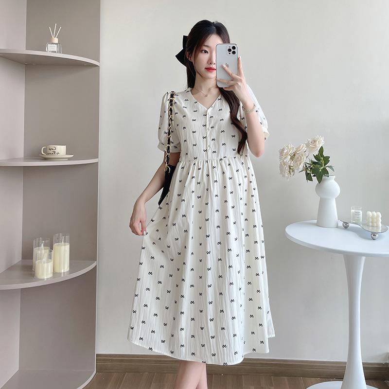 Summer 2026 Korean Style Printed Short Sleeve Maternity & Nursing Dress 2XL