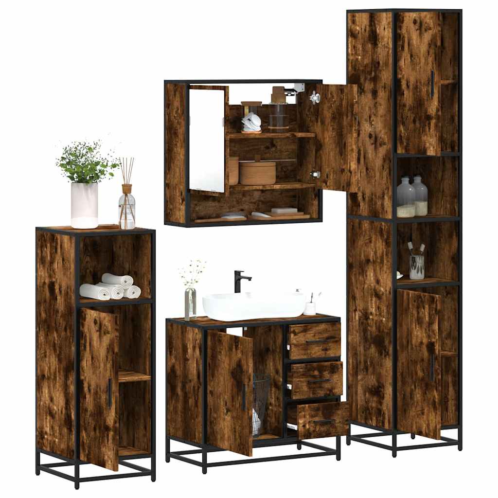 4 Piece Bathroom Furniture Set In Smoked Oak Wood Material