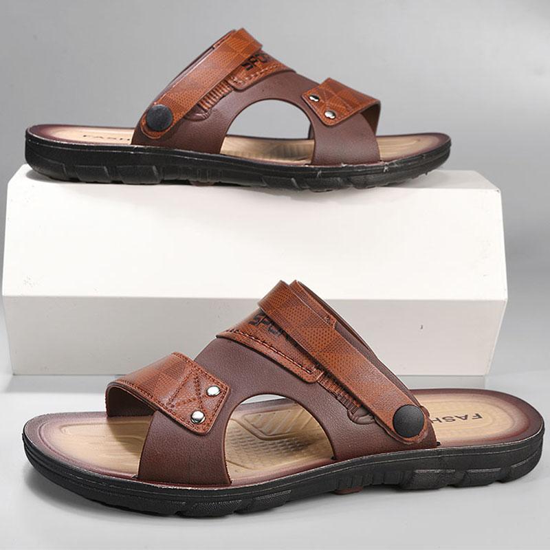 Stylish Daily Mens Sandal Shoes Summertime Slip On Sandal Shoes Men Classic Beach Footwear For Men Outside Genuine Leather Sandal Shoes Male Shoes