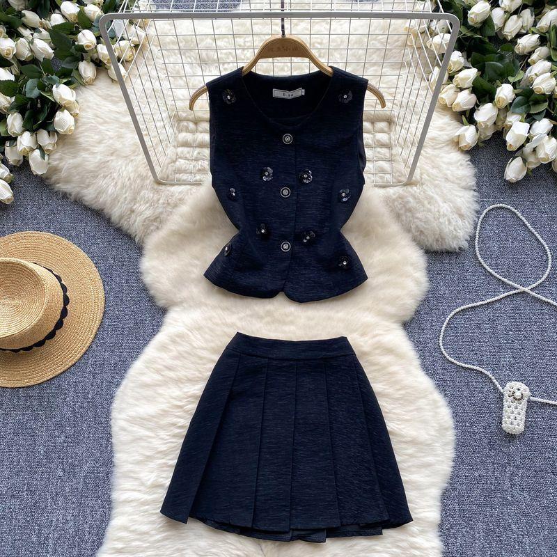 French Socialite Fancy Classic Style Three-Dimensional Flower Sleeveless Waistcoat Vest Pleated Skirt Summer Two-piece Set