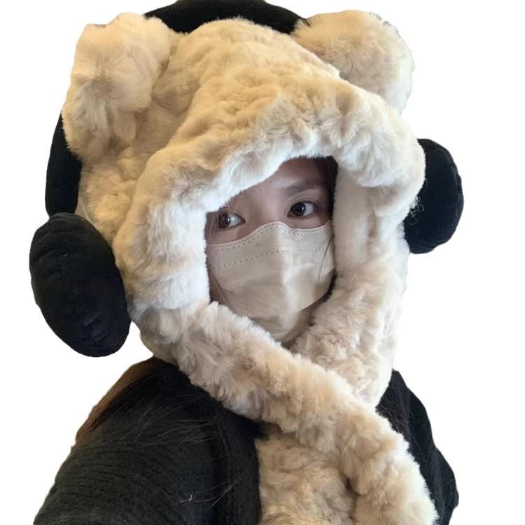 Cute Headphones Bear Hat for Women In Autumn and Winter Thickened Cold and Warm Plush Face Protecting Hat and Scarf