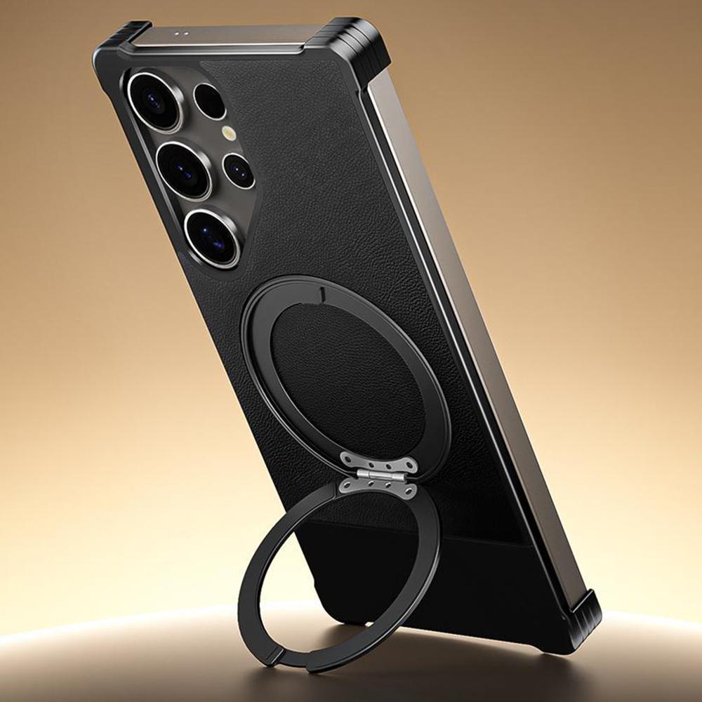 For Samsung Galaxy S24 Ultra Magnetic Case with Kickstand Borderless PU+Metal Drop Proof Phone Back Cover