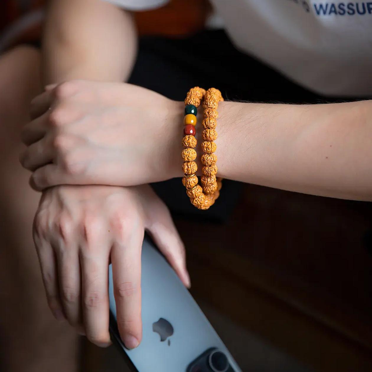 Tree King Vajra Bodhi Bracelet - Unisex Buddhist Prayer Beads, Dual Circle Walnut Wenwan Design. Perfect for Meditation & Mindfulness.