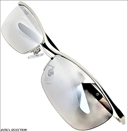 Mens Sunglasses Suitable Year-round Use Both Day Night. Comes Stylish Case. Matte Silver Frame Light Color Brown Half-mirror Clear UV400.