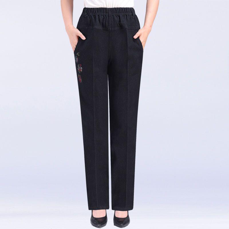 Blugi casual cu talie înaltă, cu picior drept, mărime plus, cu talie elastică, pentru femei de vârstă mijlocie și vârstnice - Primăvară/Toamnă.