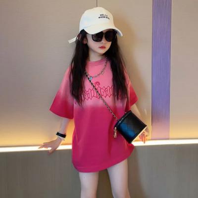 Maglietta per ragazze 2024 Estate Maniche corte Top Bambini Gradiente Cotone Maglietta Moda Mezze Maniche Larghe Stile Hip Hop Camicia