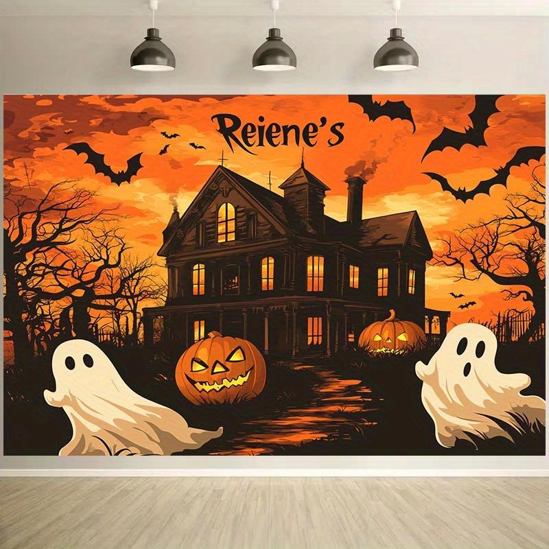 1 Halloween haunted house background cloth - pumpkin ghost bat and haunted house theme Halloween party durable polyester