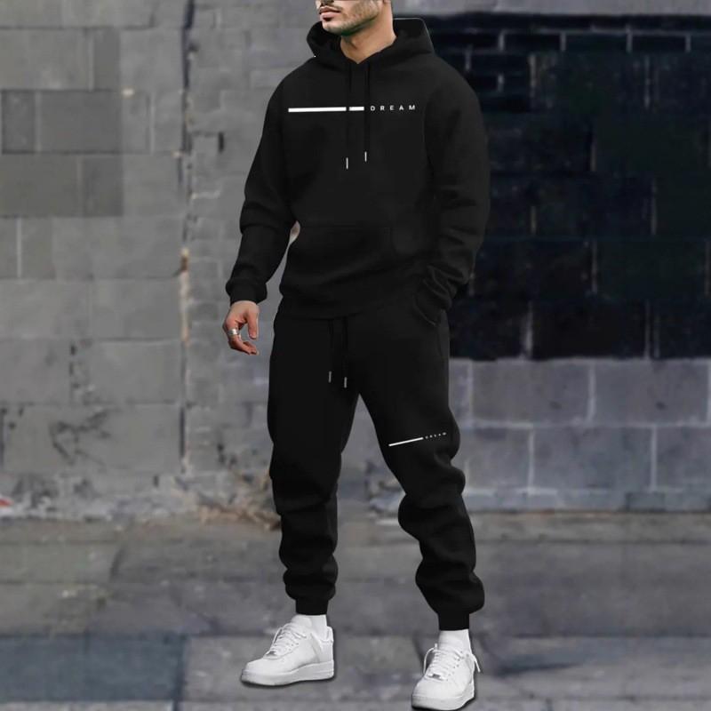 Mens Oversized Hooded Sweatshirt Set With Letter Print Fleece-Lined Warm Casual Tracksuit Winter