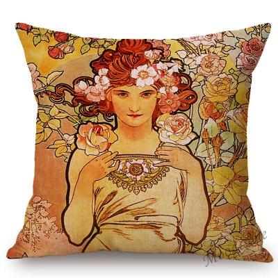 Vintage European Art Nouveau Mucha Gallery Decorative Sofa Pillow Cover Beautiful Beauty Girl Cotton Linen Luxury Cushion Cover