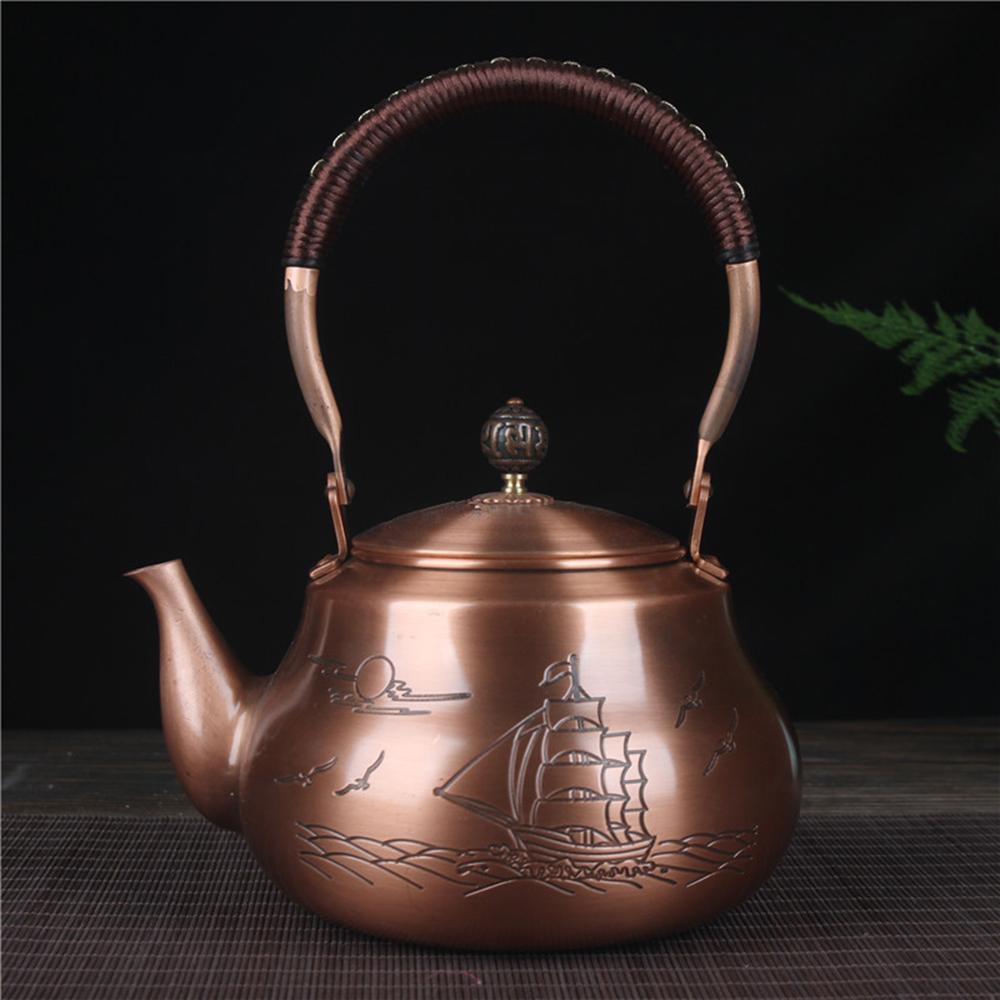 Chinese handmade copper pot, Household thickened red copper teapot, Large capacity boiling water kettle, Health tea kettle, 1.6L