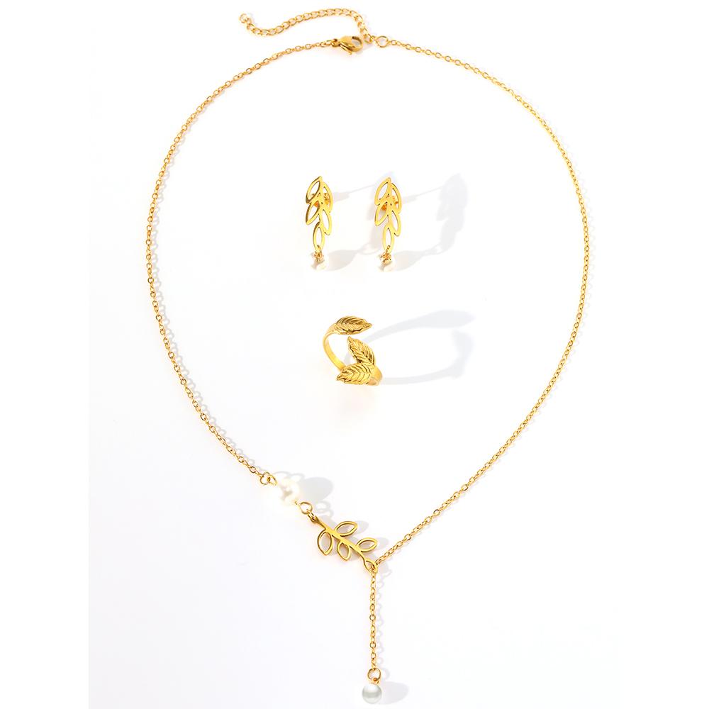 Stainless Steel Zircon Set Leaf Zircon Earrings Zircon Necklace Size Adjustable Leaf Ring Zircon Set For Women Zircon New Style