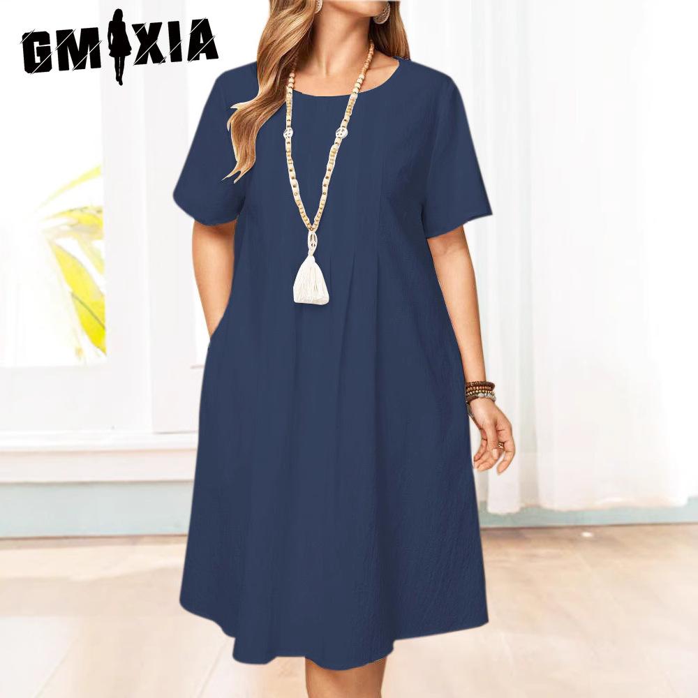 

GMXIA Женские Модные Летние Весенние Однотонные Платья с Принтом, Круглый Вырез, Завышенная Талия, Повседневные XXL темно-синий