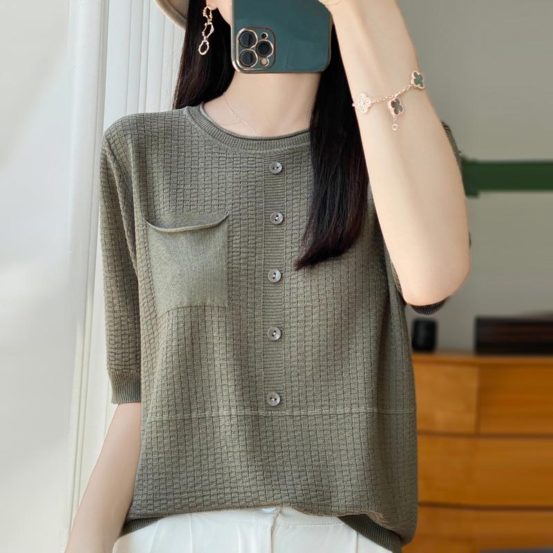 Women Knit T-shirt Summer Knitted Shirt Short Sleeve Tees O-neck Pullover Knit Tops Female