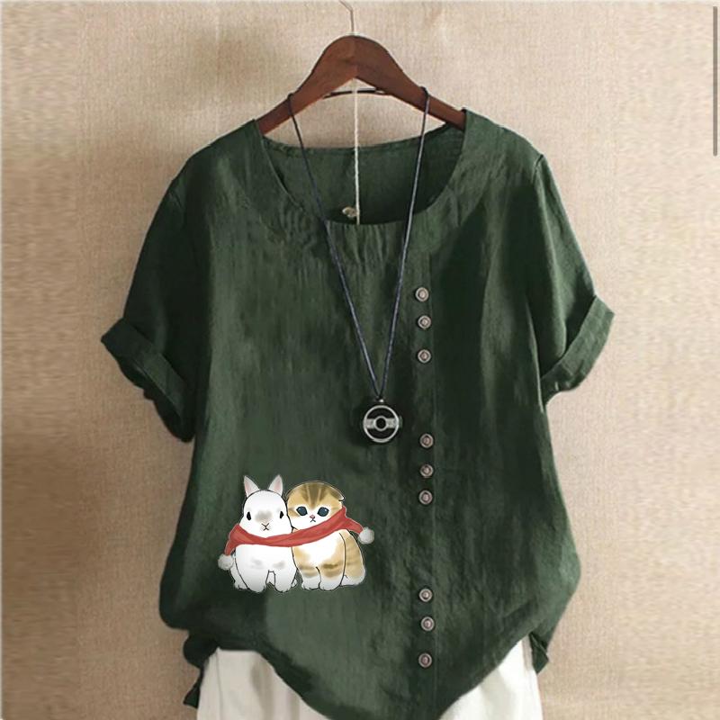 Damenmode Katzen und Kaninchen bedrucktes Rundhals Kurzarm T-Shirt Lässig Baumwolle Leinen Grafik Shirt Freizeit Locker Sommer Bluse Tops