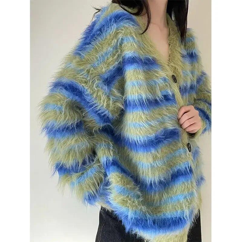 V-neck Striped Cardigan Sweater Green Women Knitted Coat Imitation Mink Velvet Thickened Warm Relaxed Casual Sweet New Fashion Y2k