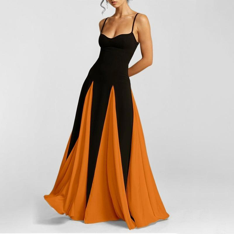 Women's Black White Color Block Maxi Dress Spaghetti Strap Sleeveless Fit and Flare Elegant Long Dress