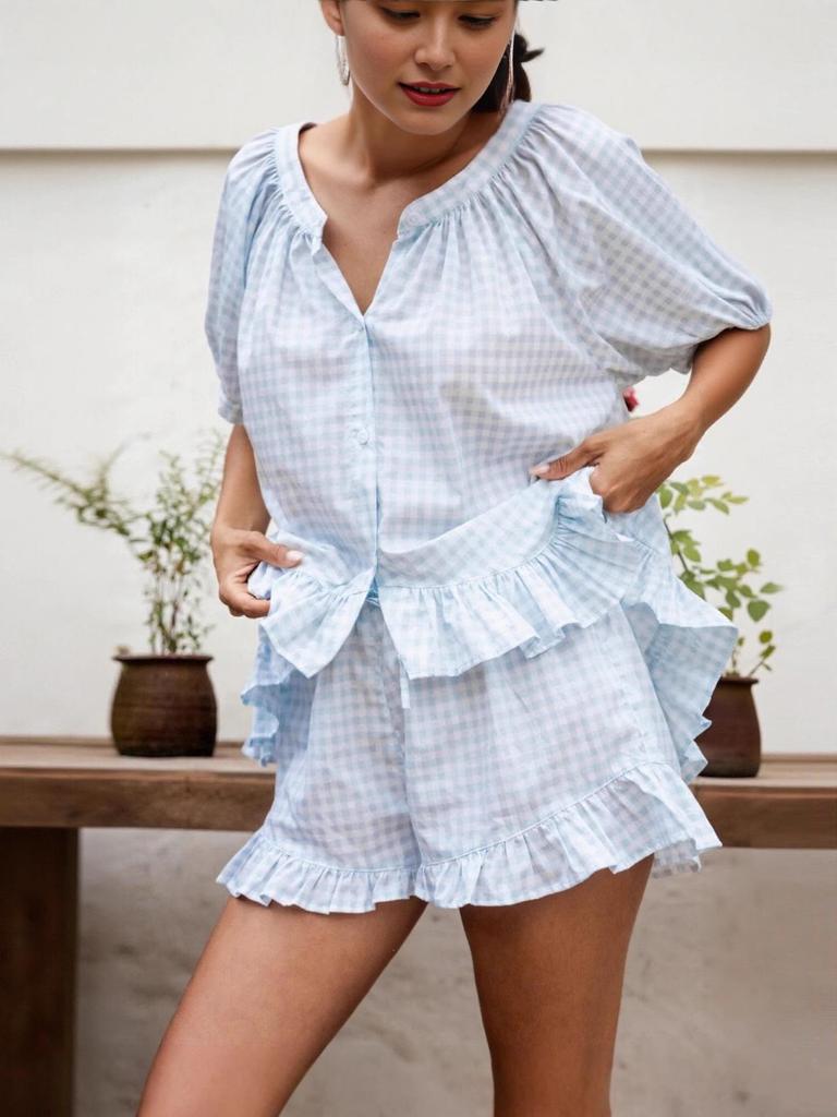 Haut à Manches Courtes à Volants Boutonnés Européen et Américain + Ensemble de Pyjama Pantalon à Carreaux