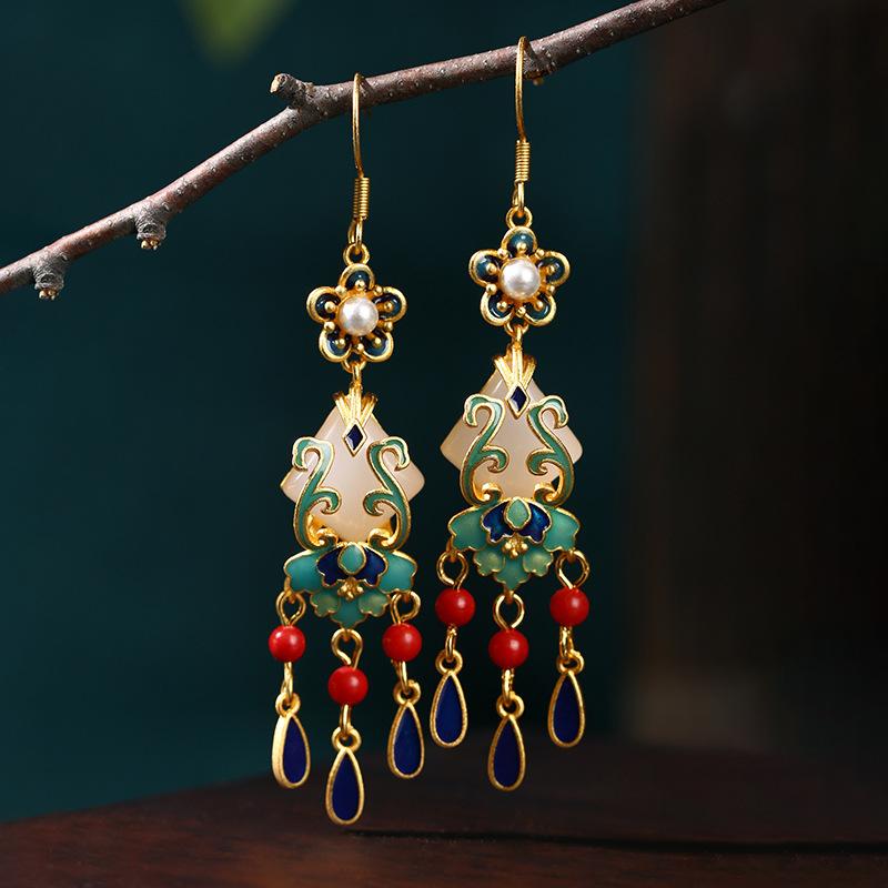 Gold Plated Imitation Jade Earrings For Women, Exquisite Long Style, Niche Design, Antique Style Jewelry Gift