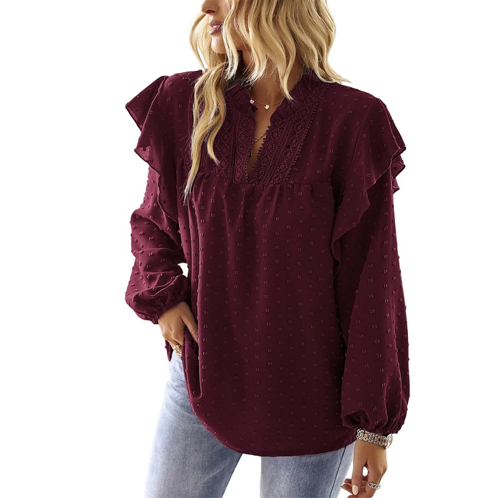 Women's V,Neck Lace Patchwork Blouse With Ruffled Sleeves
