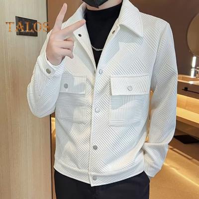 Giacca da Uomo con Bavero Manica Lunga Tasche con Patta Giacca Cappotto Monopetto Colore Unito Jacquard a Righe Capo d'Abbigliamento