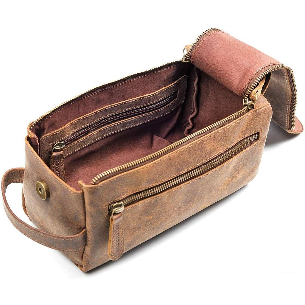 Genuine Buffalo Leather Toiletry Bag Travel Dopp Kit Shaving Case for Men Women. Size 9 X 4 X 5 Inches
