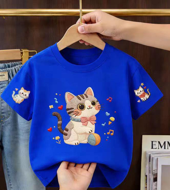 2026 Summer Children's Short-Sleeved Cute Cartoon Cat Print Baby Soft Cotton Multi-Purpose Loose-Fitting Breathable T-Shirt