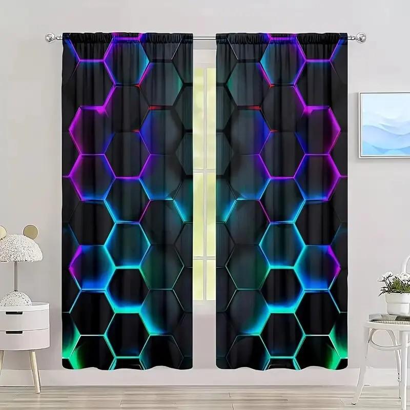 JIT 2pcs Luminous Hexagon Curtains  Blackout Curtain  Polyester  Living Room Decor  Rod Pocket Curtain.