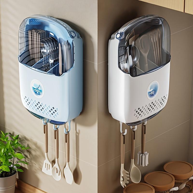 Wall-Mounted Draining Chopstick Holder with Three Compartments Designed with Breathable Holes And Hooks for Cutlery Storage