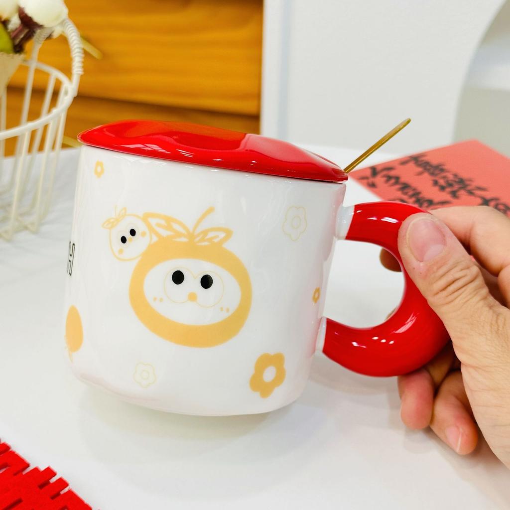 Small Orange with Lid Spoon Red Ceramic Cup Cartoon Cute High Value Mug Household Water Cup Set