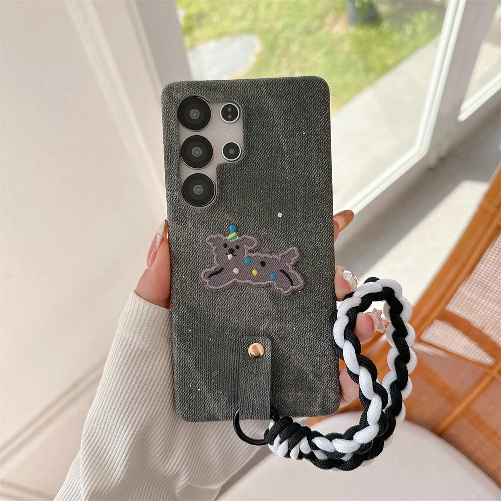 Wrist Strap Weave Cartoon Shockproof Phone Case for Samsung S25 S24 S23 Ultra Galaxy S25 S24 S23 Cowboy Leather Protective Cover