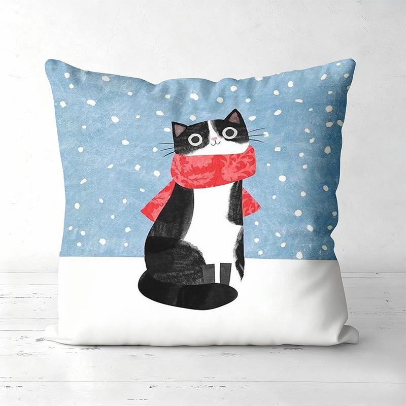 1 Pieces Black and White Cat with Red Scarf Throw Pillow Polyester pillowcase, sofa decorative cushion cov Headboard Pillow