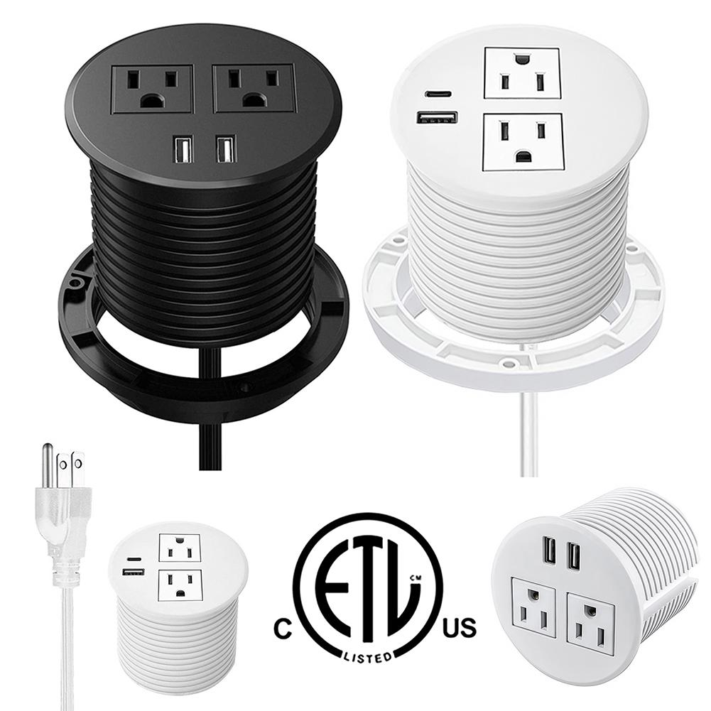 Desk Power Grommet Outlet 2M Extension Cord Table Outlets 2 USB/1 USB + PD 18W Type C Ports for Office PC Desk Cable Cord Cover