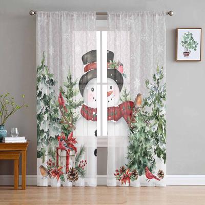 Kerstboom Sneeuwvlokken Roodborstje Sneeuwpop Grijs Transparante Gordijnen Woonkamer Decoratie Raamgordijnen Keuken Tule Voile Gordijnen