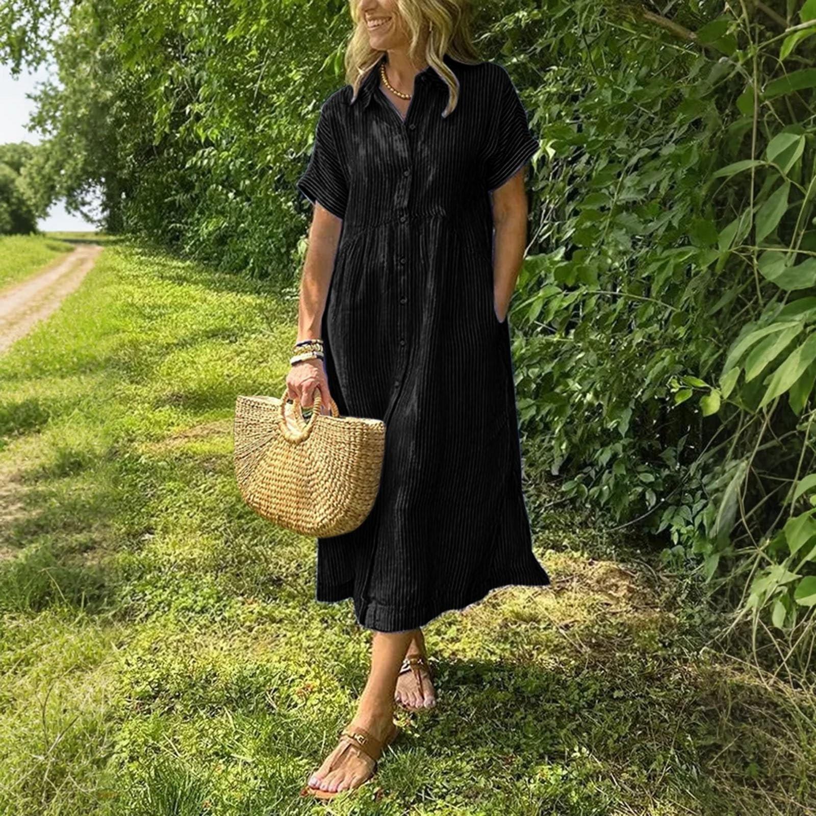 

Женское повседневное хлопково-льняное полосатое платье-рубашка с коротким рукавом и принтом XL чёрный