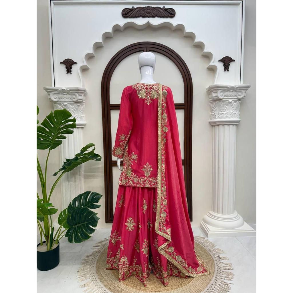 Presenting New Designer Embroidered Chinon Silk Sharara Suit With Sequence Embroidered Work